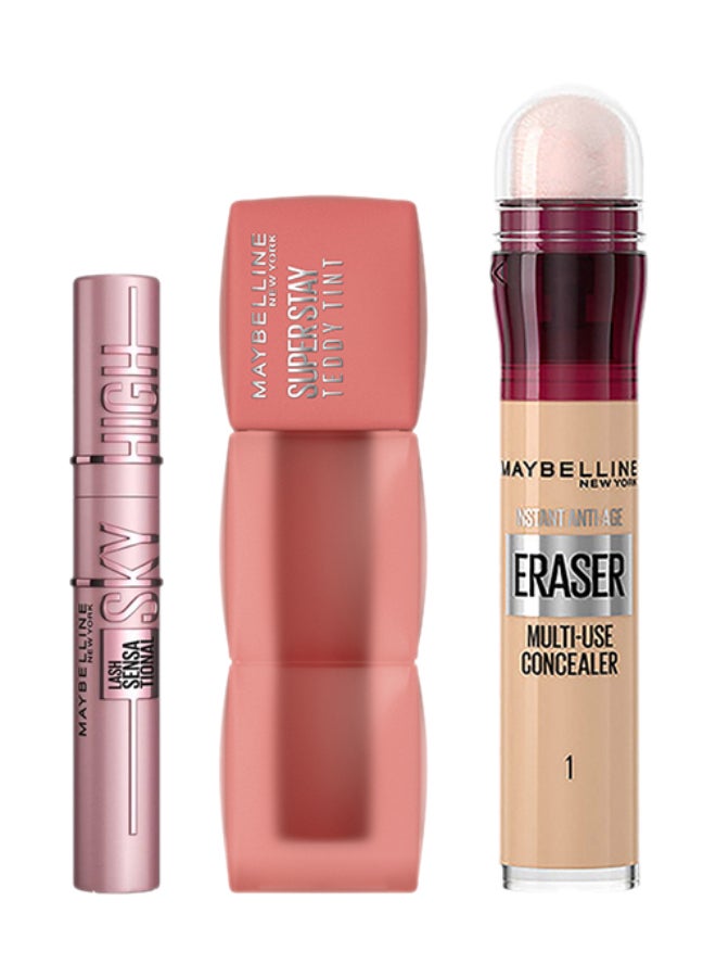 Maybelline New York Lash Sensational Sky High Mascara Black + Superstay Teddy Tint Lipstick 55 Kneehigh + Instant Age Rewind Eraser Concealer 01 Light - Image 1