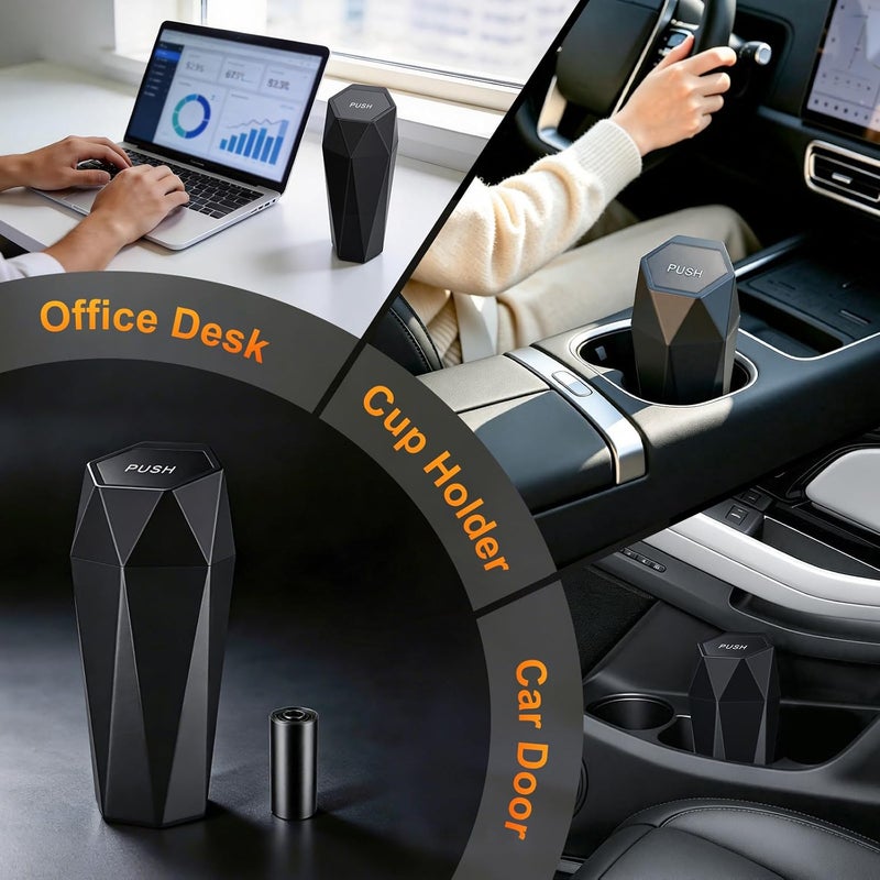 JUSTTOP سلة مهملات السيارة بغطاء، تصميم ماسي صغير محمول تلقائي، سهلة التنظيف، تستخدم في السيارة والمنزل والمكتب (أسود) - Image 5