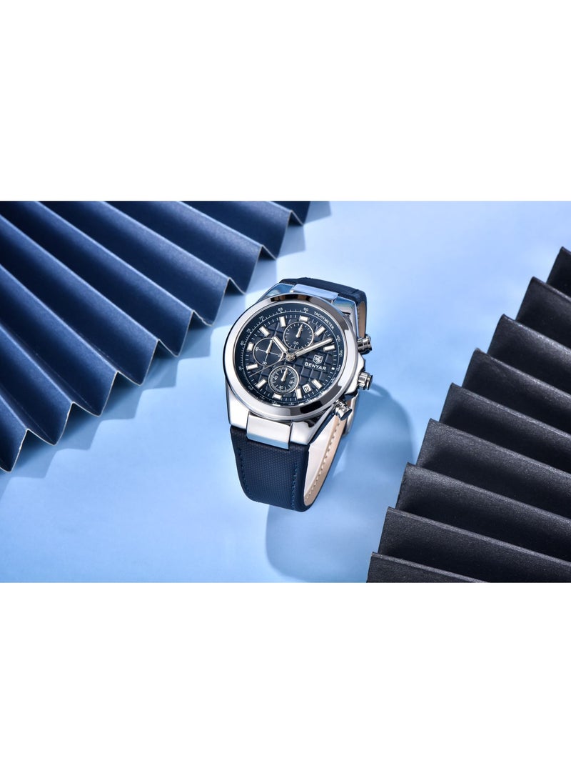 BENYAR - Watches for Men Luxury Quartz Water Resistant Watch Men's Chronograph Genuine Leather Strap 5206BU - Image 1