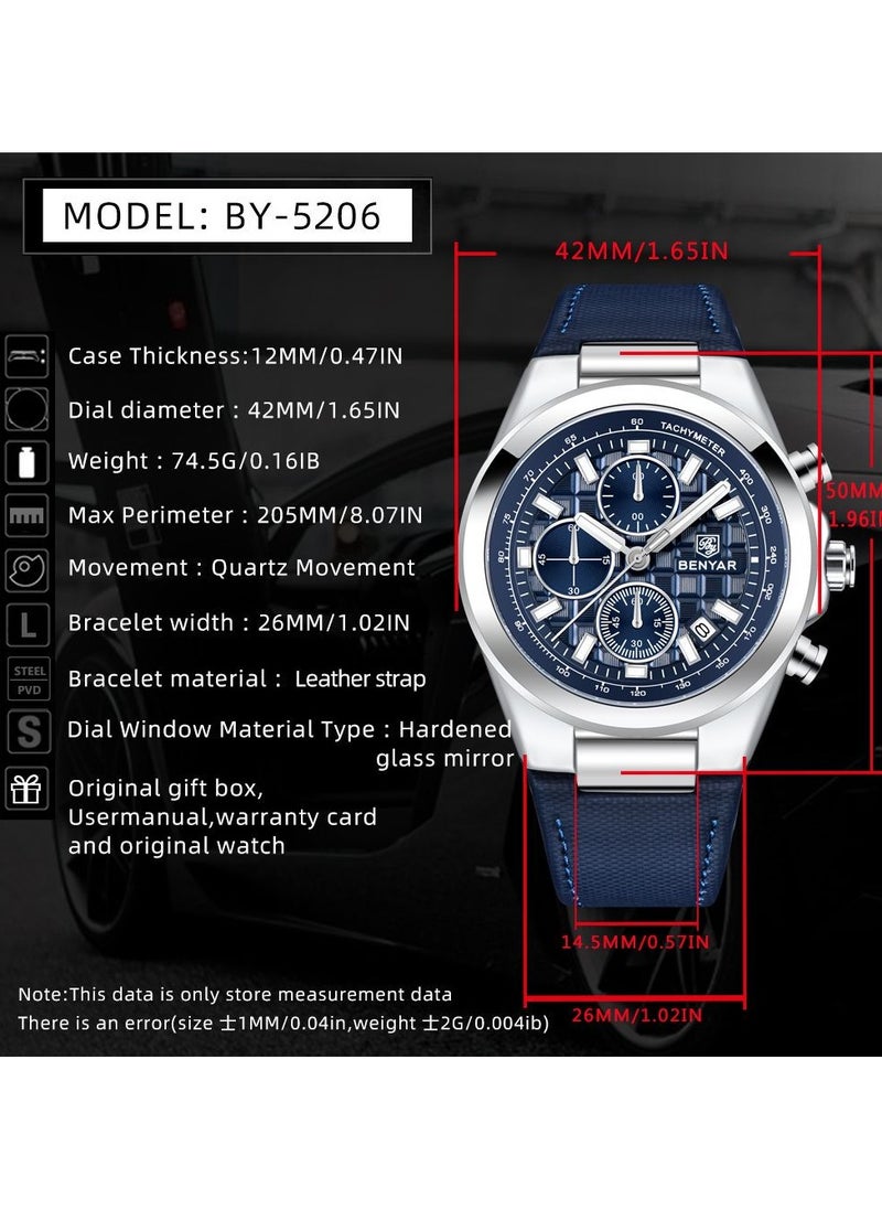 BENYAR - Watches for Men Luxury Quartz Water Resistant Watch Men's Chronograph Genuine Leather Strap 5206BU - Image 1