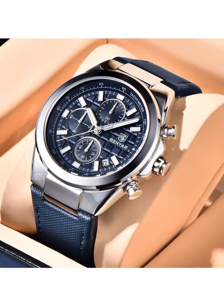 BENYAR - Watches for Men Luxury Quartz Water Resistant Watch Men's Chronograph Genuine Leather Strap 5206BU - Image 1