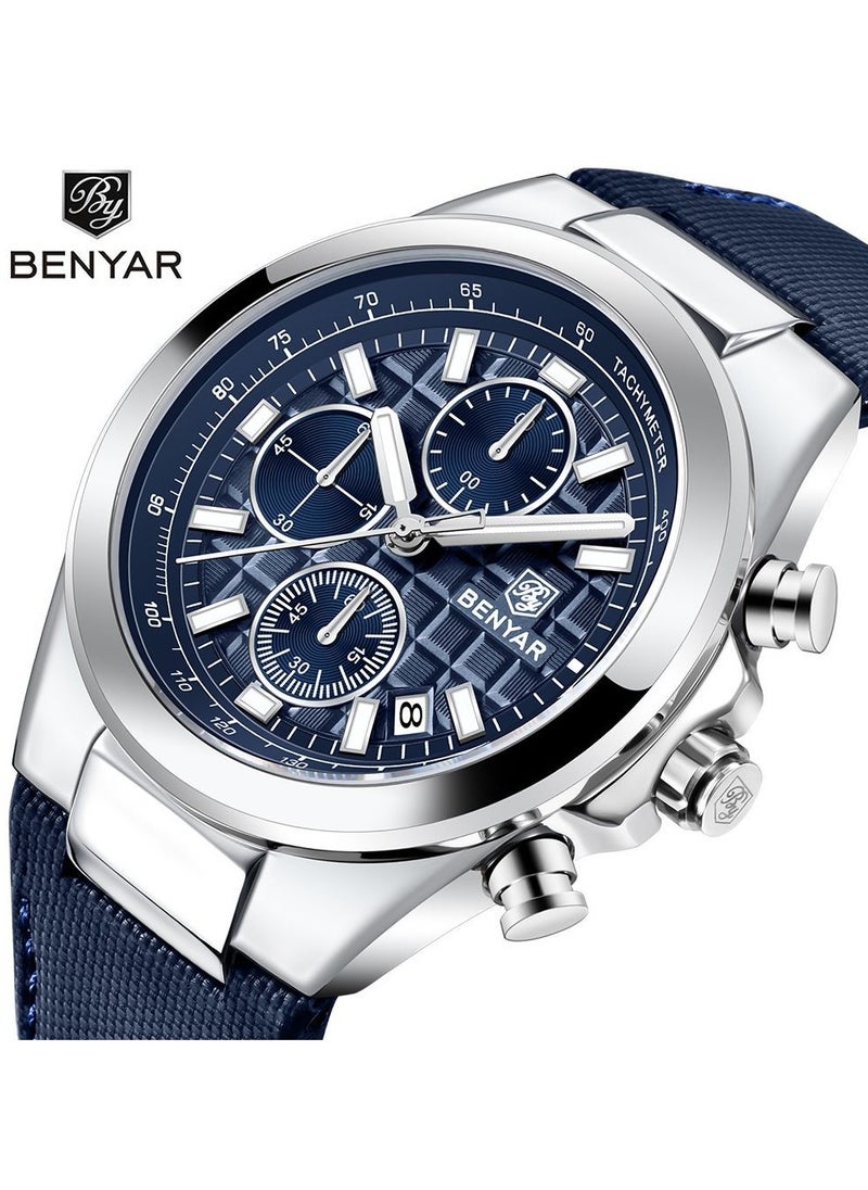 BENYAR - Watches for Men Luxury Quartz Water Resistant Watch Men's Chronograph Genuine Leather Strap 5206BU - Image 1