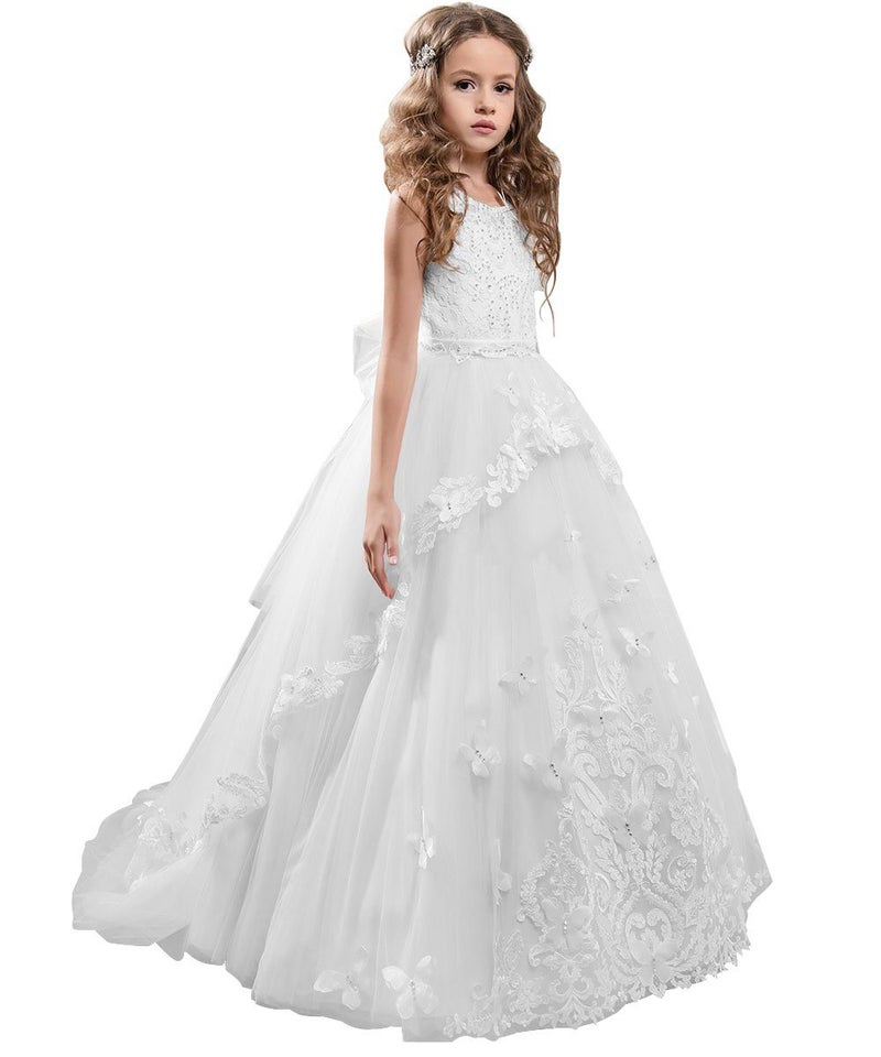 Flower Girl Dress Kids Lace Beaded Pageant Ball Gowns Size 6 B White