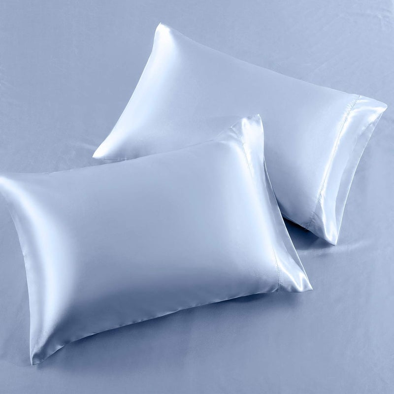 SiinvdaBZX مجموعة شراشف ساتان 4 قطع بجيوب إضافية عميقة مقاس كوين، فائقة النعومة الحريرية بلون أزرق فاتح، تناسب فراش بجيوب عميقة 18-24 بوصة. - Image 4