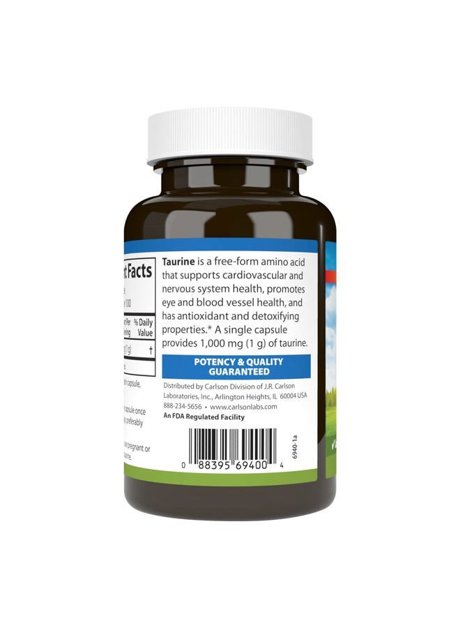 Carlson Taurine, Free-Form Amino Acid, Support, Nerve Health & Muscle Function, 100 Capsules - Image 3