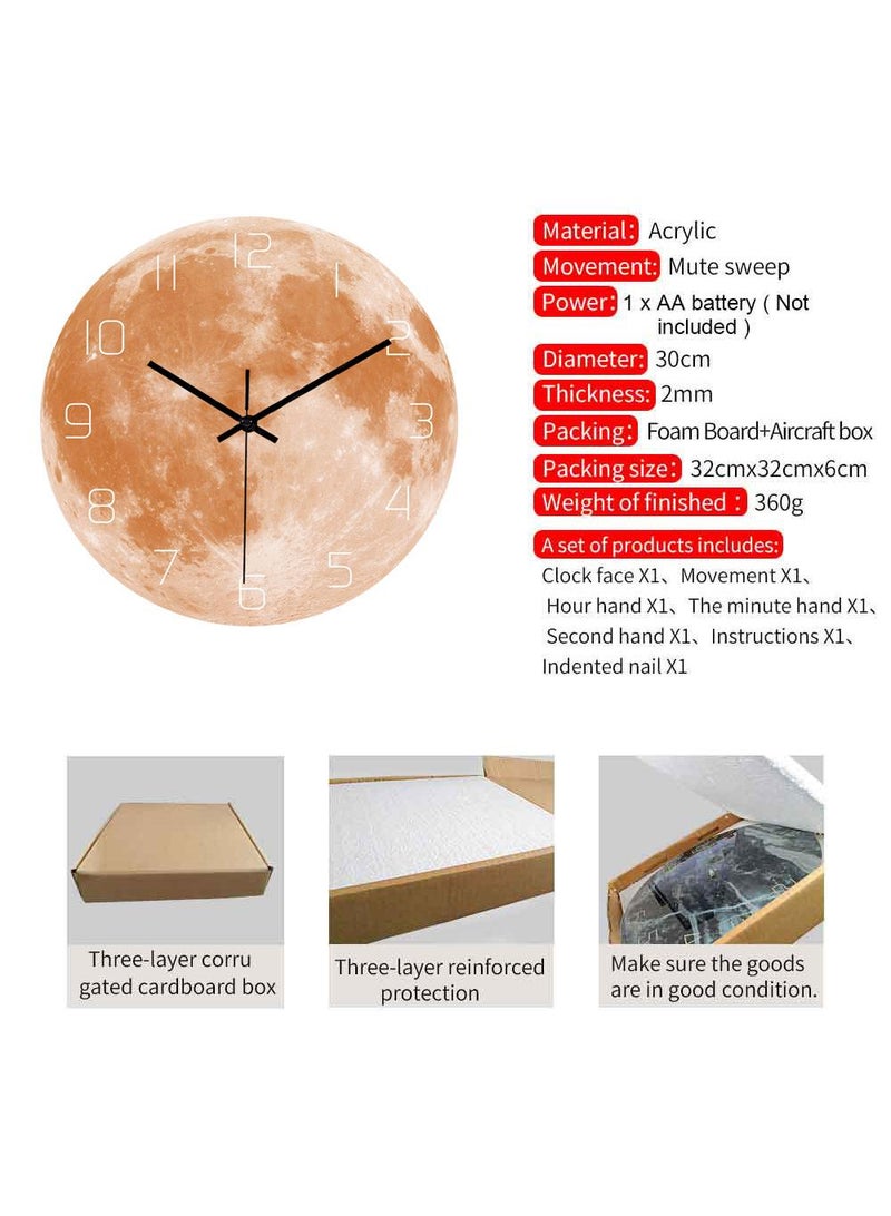 Bluejw Luminous Wall Clock For Bedroom, 12 Inch Silent Battery-Operated Wall Clocks For Living Room Or Kitchen, Large Display Night Light Up Kids Boys Birthday Gift Glow In The Dark -Moon - Image 2