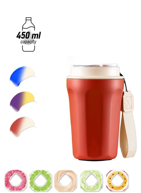 Air Flavored Water Bottle with Straw & 5 Scented Flavor Pods, 450ML Vacuum Insulated Metal Bottle, BPA Free & Leakproof, Zero Sugar Fruity Extract Ring.