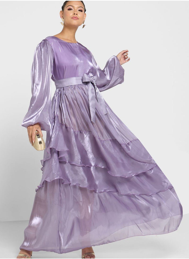 hayas closet Layered Belted Balloon Sleeve Dress  - Image 1