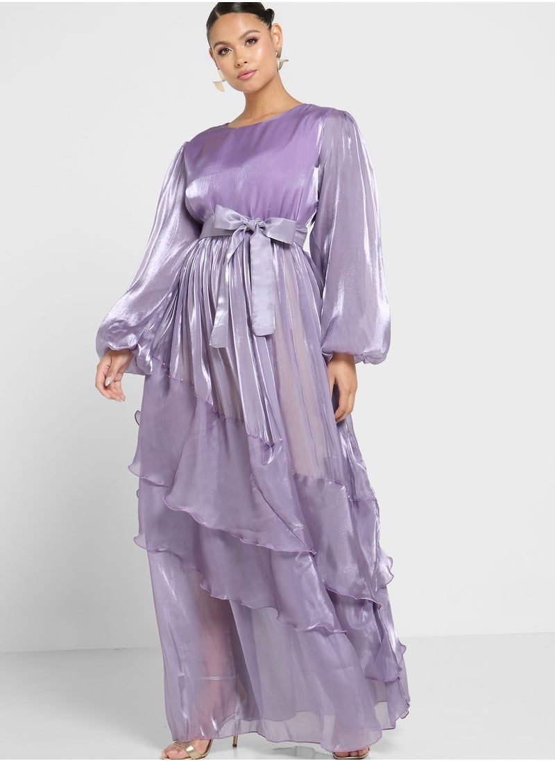 hayas closet Layered Belted Balloon Sleeve Dress  - Image 4