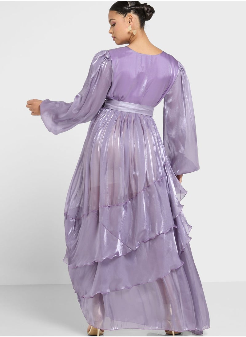 hayas closet Layered Belted Balloon Sleeve Dress  - Image 2