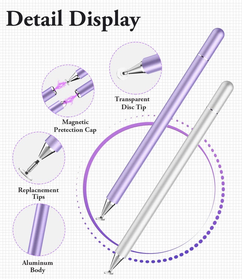 Luntak Stylus Pen for iPad, LUNTAK Stylus Pens for Apple/iPhone/Ipad pro/Mini/Air/Android/Microsoft/Surface All Capacitive Touch Screens Universal with 4 Replacement Tips (2 Pcs, Purple and Silver) - Image 5
