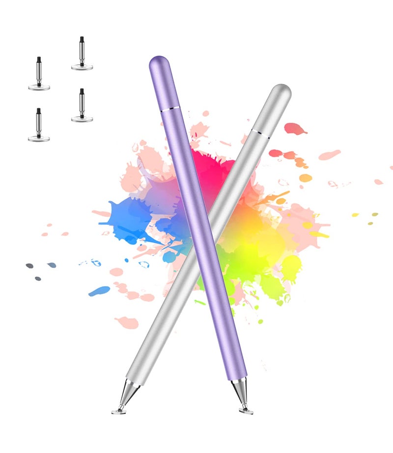Luntak Stylus Pen for iPad, LUNTAK Stylus Pens for Apple/iPhone/Ipad pro/Mini/Air/Android/Microsoft/Surface All Capacitive Touch Screens Universal with 4 Replacement Tips (2 Pcs, Purple and Silver) - Image 1