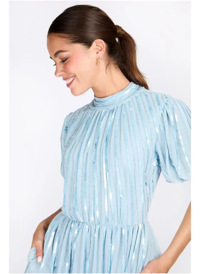 ليتل مسترس Puff Sleeve Blue Embellished Dress