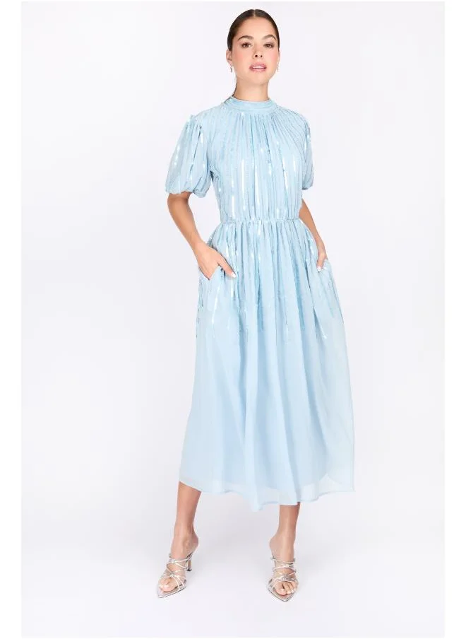 Little Mistress Puff Sleeve Blue Embellished Dress