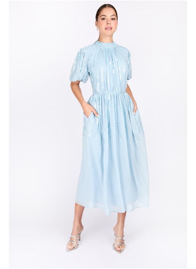 Little Mistress - Puff Sleeve Blue Embellished Dress - Image 1