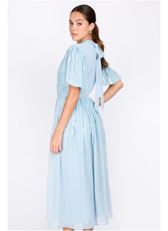 Little Mistress - Puff Sleeve Blue Embellished Dress - Image 1