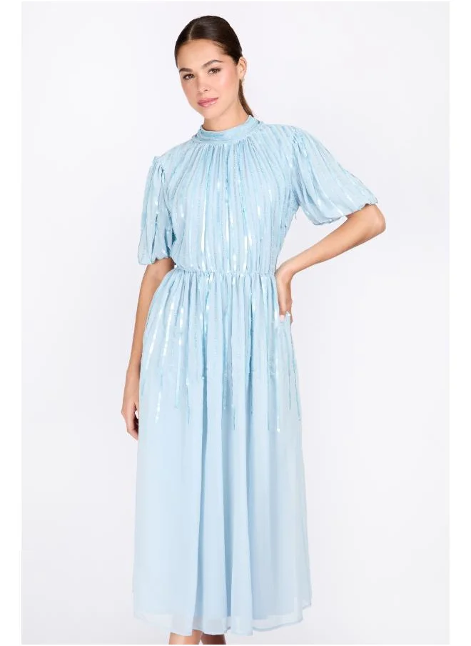 ليتل مسترس Puff Sleeve Blue Embellished Dress