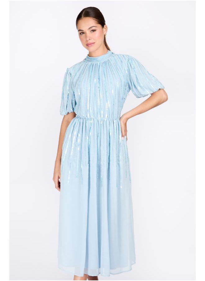 Little Mistress - Puff Sleeve Blue Embellished Dress - Image 1