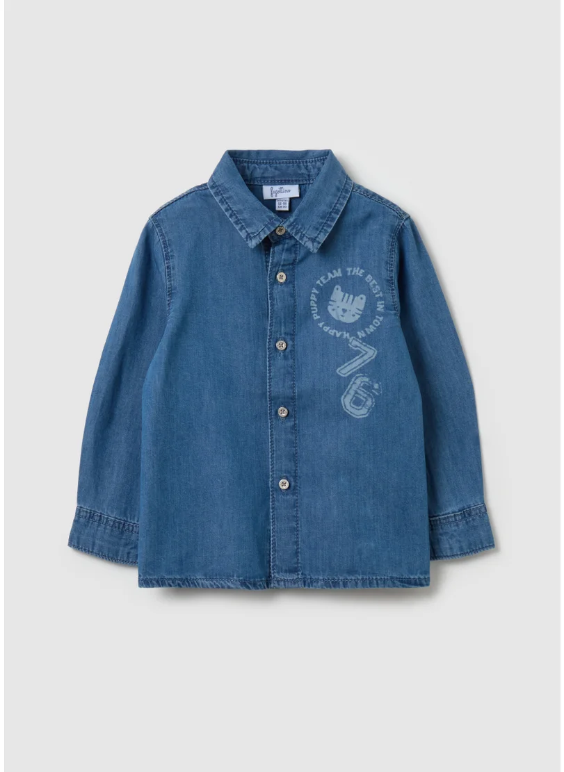 او في اس Shirt in denim with tiger and lettering print