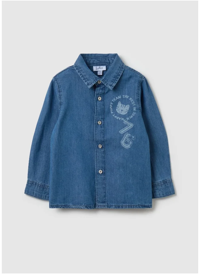 او في اس Shirt in denim with tiger and lettering print