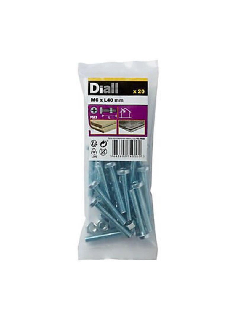 Zinc Plated Carbon Steel Machine Screw And Nut Pack M6 X 40 Mm 20 Piece
