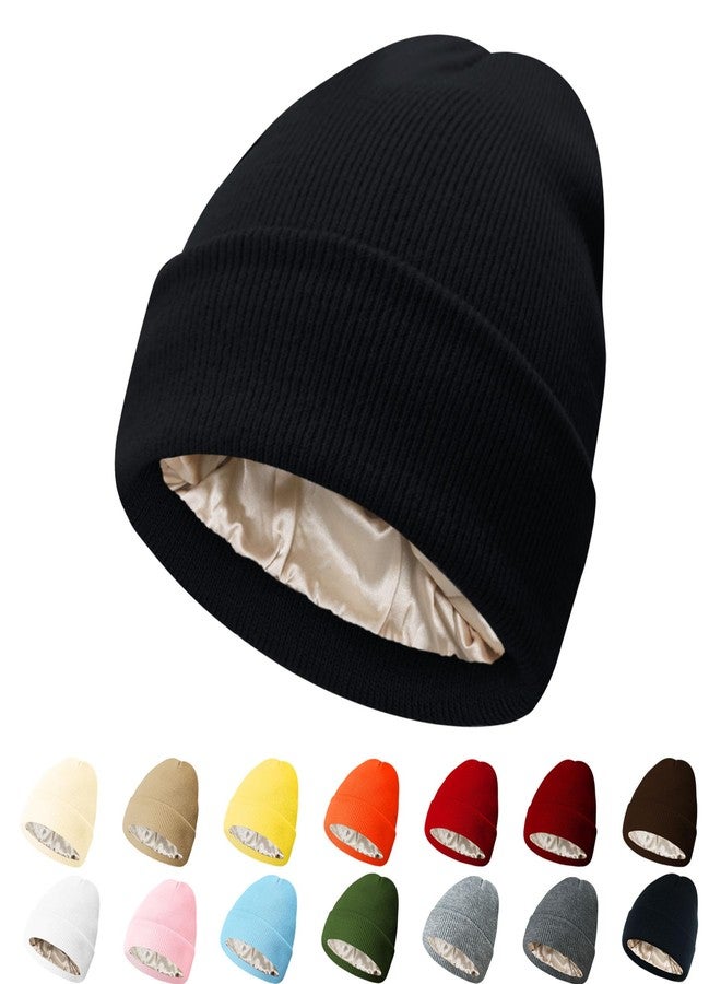 PFFY Beanie for Men Women Unisex Knit Cuffed Plain Winter Beanies Hats Satin Lined Beanie Skull Cap Black(More Warm) - Image 1