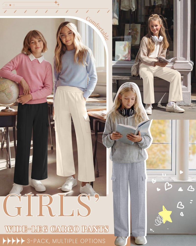 LessonZoo 3 Pack Girls Wide Leg Sweatpants Cargo Pants High Waisted Baggy Causal Loose Kids Elastic Waistband Pants Joggers(White, Light Gray, Black,5-6 Years) - Image 5