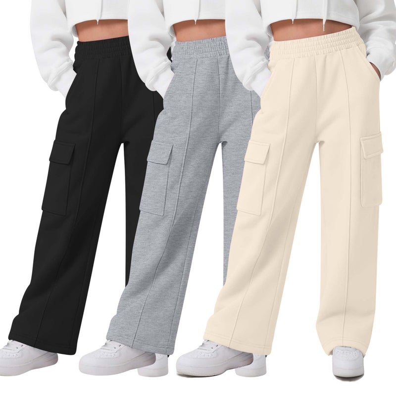 LessonZoo 3 Pack Girls Wide Leg Sweatpants Cargo Pants High Waisted Baggy Causal Loose Kids Elastic Waistband Pants Joggers(White, Light Gray, Black,5-6 Years) - Image 1