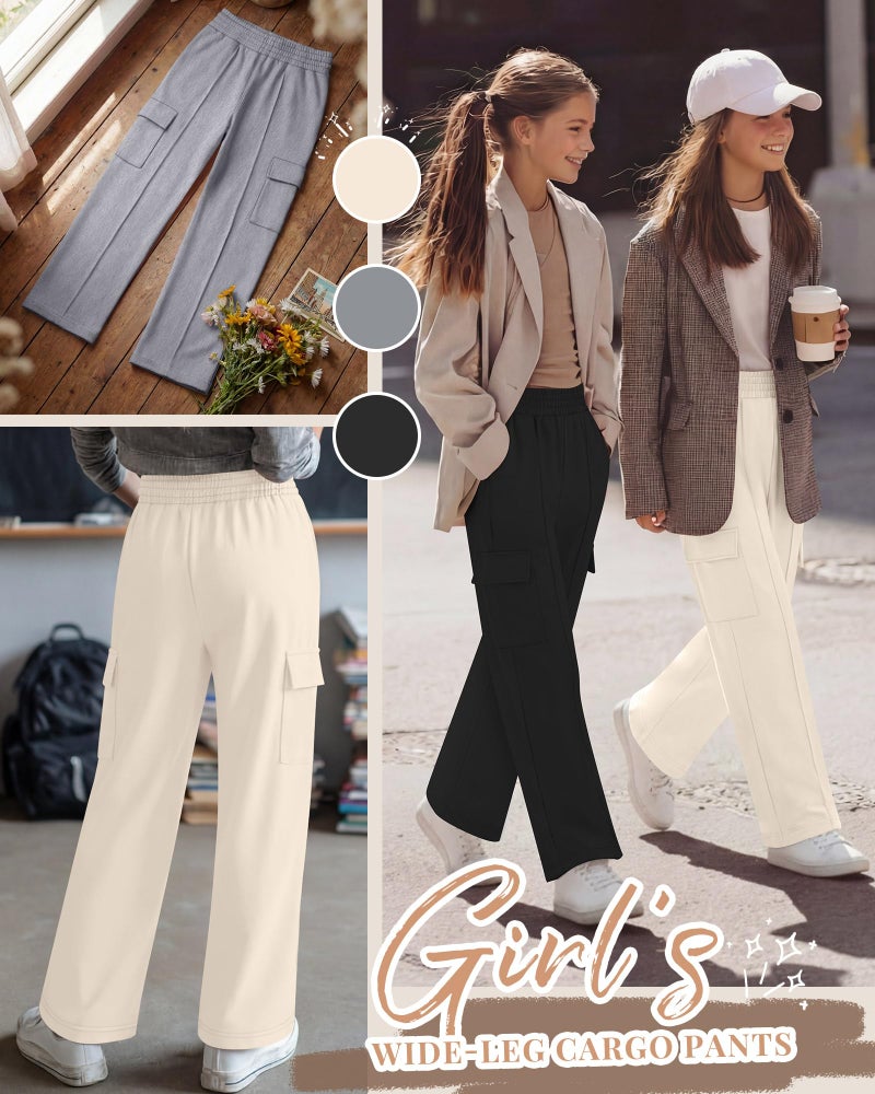 LessonZoo 3 Pack Girls Wide Leg Sweatpants Cargo Pants High Waisted Baggy Causal Loose Kids Elastic Waistband Pants Joggers(White, Light Gray, Black,5-6 Years) - Image 3