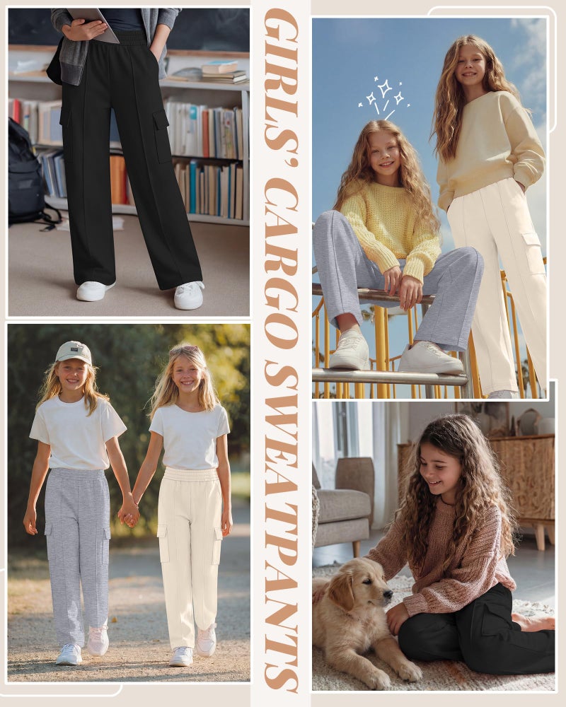 LessonZoo 3 Pack Girls Wide Leg Sweatpants Cargo Pants High Waisted Baggy Causal Loose Kids Elastic Waistband Pants Joggers(White, Light Gray, Black,5-6 Years) - Image 2