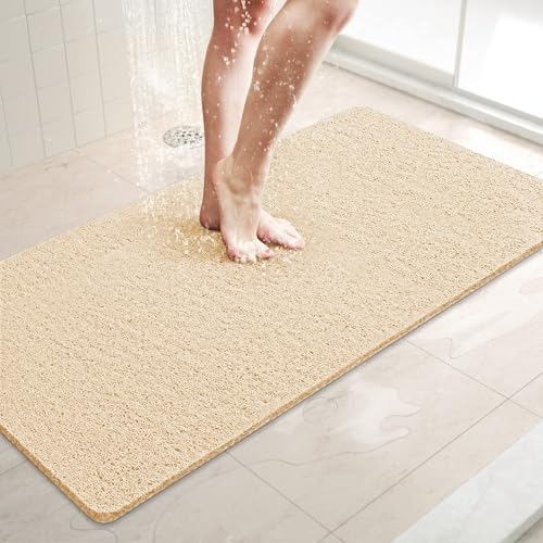 LuxStep Shower Mat Bathtub Mat36x16 inch NonSlip Bath Mat with Drain Quick Drying PVC Loofah Bathmat for TubShowerBathroom Phthalate FreeKhaki - Image 1