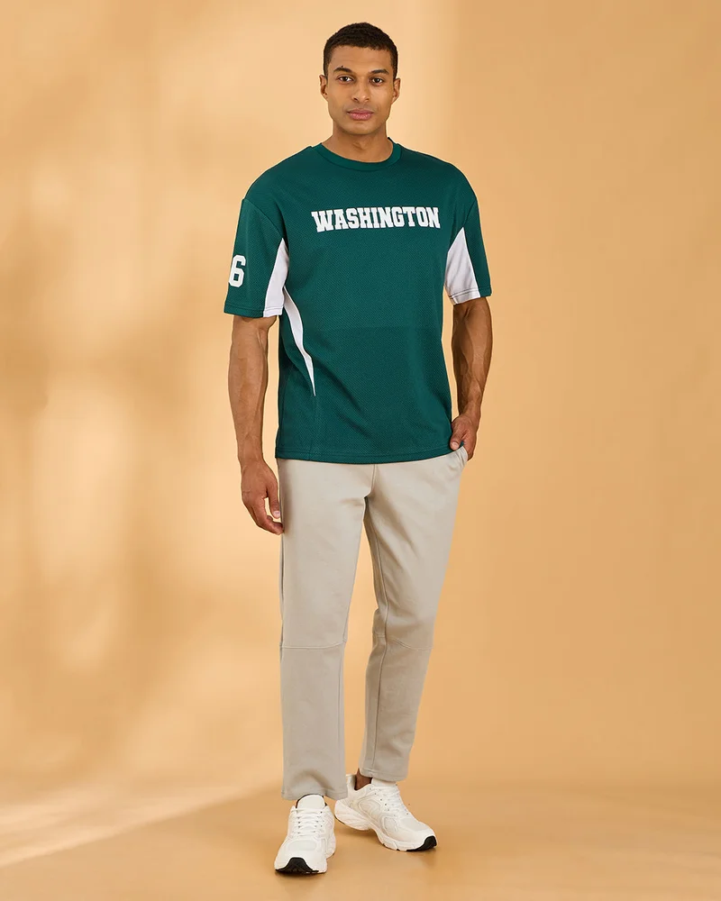 Redtag Men Green Printed OverSized Sports T-Shirt