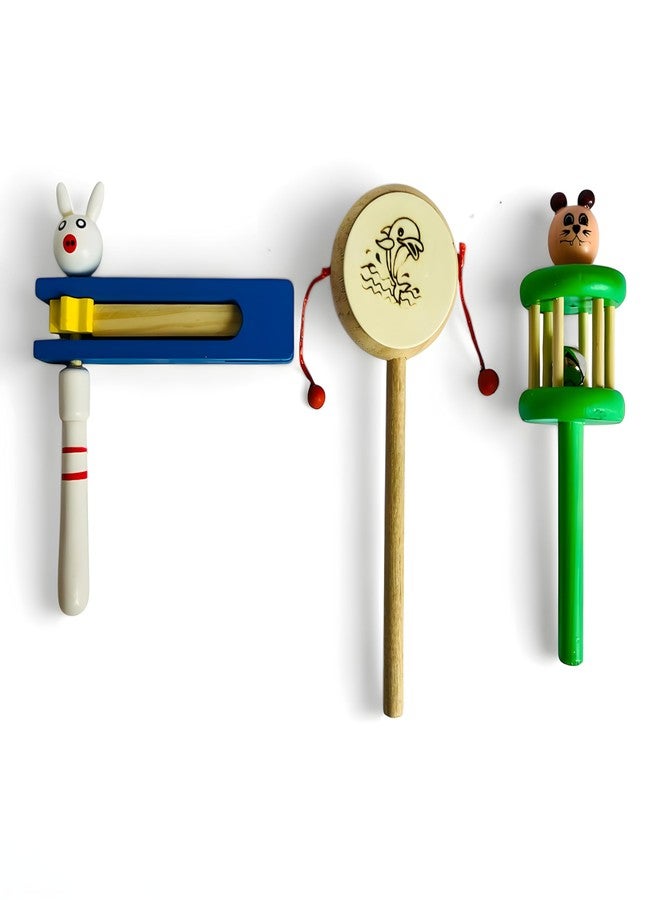 MarvelStore Wooden Rattles for Baby, Infants, New Born Babies Toys (0 to 6 to 12 Months) | Perfect for Early Music Education, Rhythm Practice, and Sensory Play (Multicolor)(Drum + Tartar + Cage Bell) - Image 1