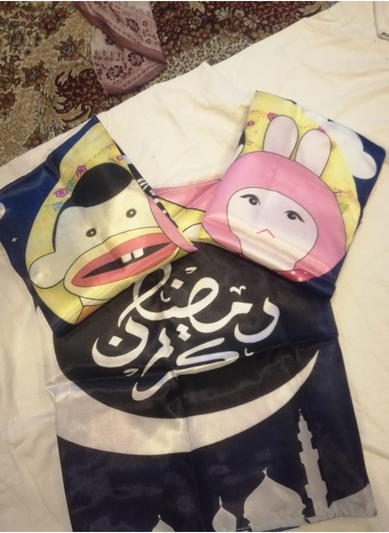 A tablecloth for Ramadan decorations made of satin fabric, size one and a half meters by one and a half meters + 2 covers for cushions  - Image 1