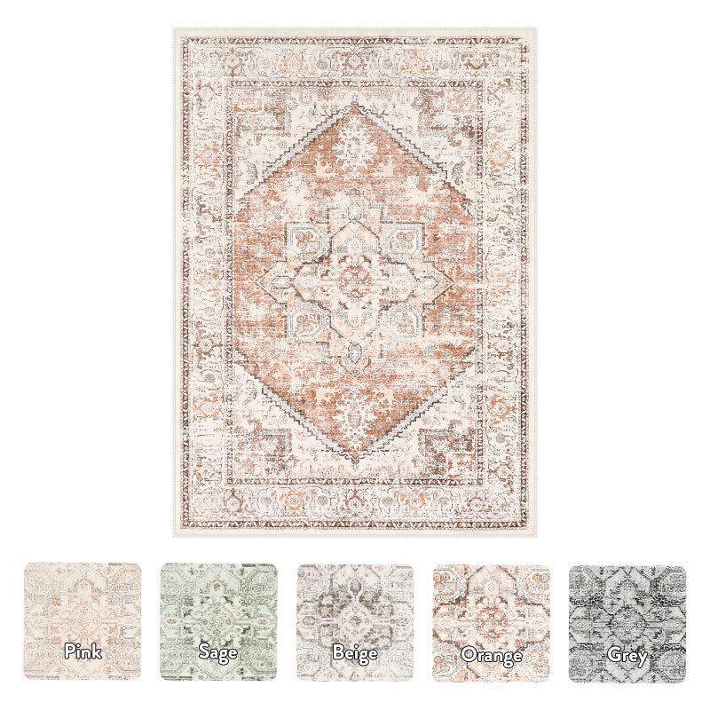 LIVEBOX 8x10 Area Rug for Living Room, Washable Orange Boho Rug, Soft Non-Slip, Low-Pile Vintage Medallion, Retro Faux Wool for Dining Room, Bedroom, Office - Image 5