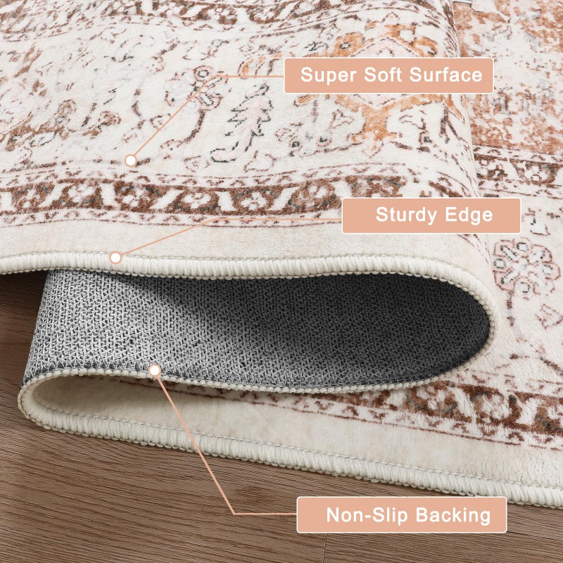 LIVEBOX 8x10 Area Rug for Living Room, Washable Orange Boho Rug, Soft Non-Slip, Low-Pile Vintage Medallion, Retro Faux Wool for Dining Room, Bedroom, Office - Image 2