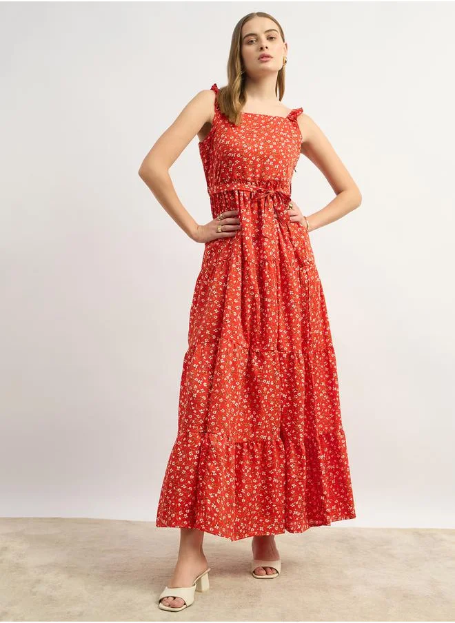 ستايلي Floral Printed Tiered A-Line Dress with Tie-Up Belt