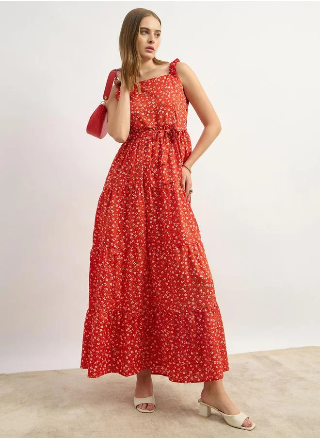 ستايلي Floral Printed Tiered A-Line Dress with Tie-Up Belt