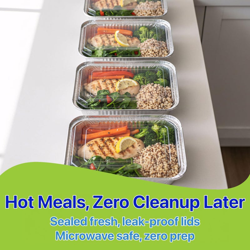 Pokanic Rectangular Aluminum Foil Pans With Clear Dome Lids [1.50 lb] x [10 Set] Disposable Takeâ€‘Out Containers for Catering, Meal Prep, Freezer and Ovenâ€‘Safe Food Storage (10 Pack, 1-1/2 lb) - Image 3