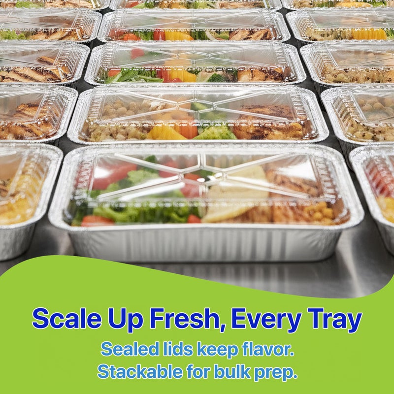 Pokanic Rectangular Aluminum Foil Pans With Clear Dome Lids [1.50 lb] x [10 Set] Disposable Takeâ€‘Out Containers for Catering, Meal Prep, Freezer and Ovenâ€‘Safe Food Storage (10 Pack, 1-1/2 lb) - Image 5