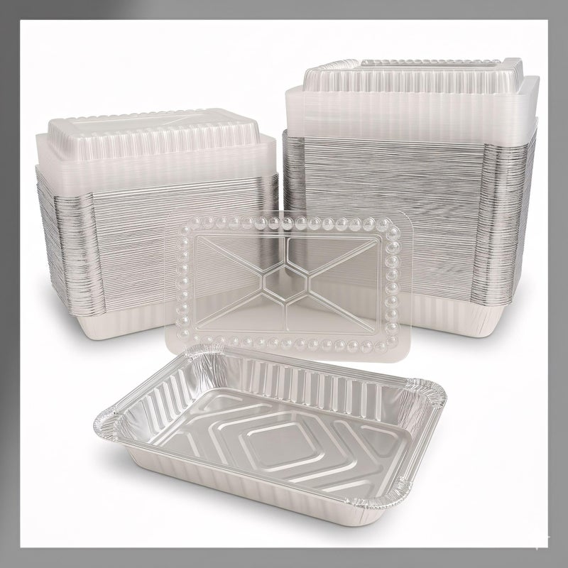 Pokanic Rectangular Aluminum Foil Pans With Clear Dome Lids [1.50 lb] x [10 Set] Disposable Takeâ€‘Out Containers for Catering, Meal Prep, Freezer and Ovenâ€‘Safe Food Storage (10 Pack, 1-1/2 lb) - Image 1