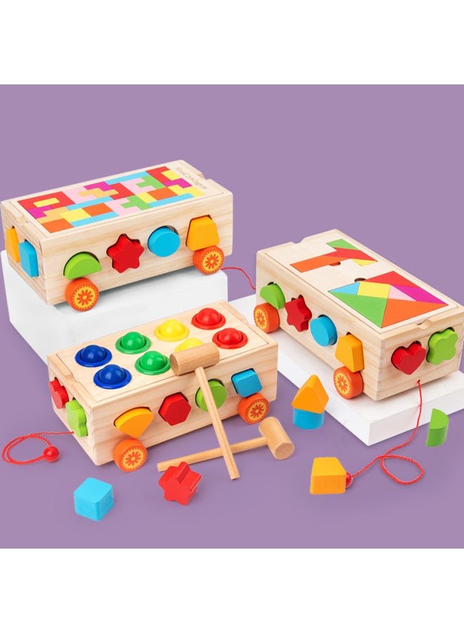 Children's Intelligence Shape Matching Drag Toy Wooden Early Education Building Blocks Montessori Teaching Aids Digital Knocking Car 6--Color:Russian Shape Building Block Trailer - Image 2
