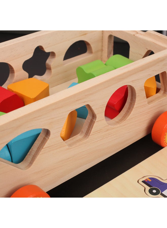 Children's Intelligence Shape Matching Drag Toy Wooden Early Education Building Blocks Montessori Teaching Aids Digital Knocking Car 6--Color:Russian Shape Building Block Trailer - Image 5