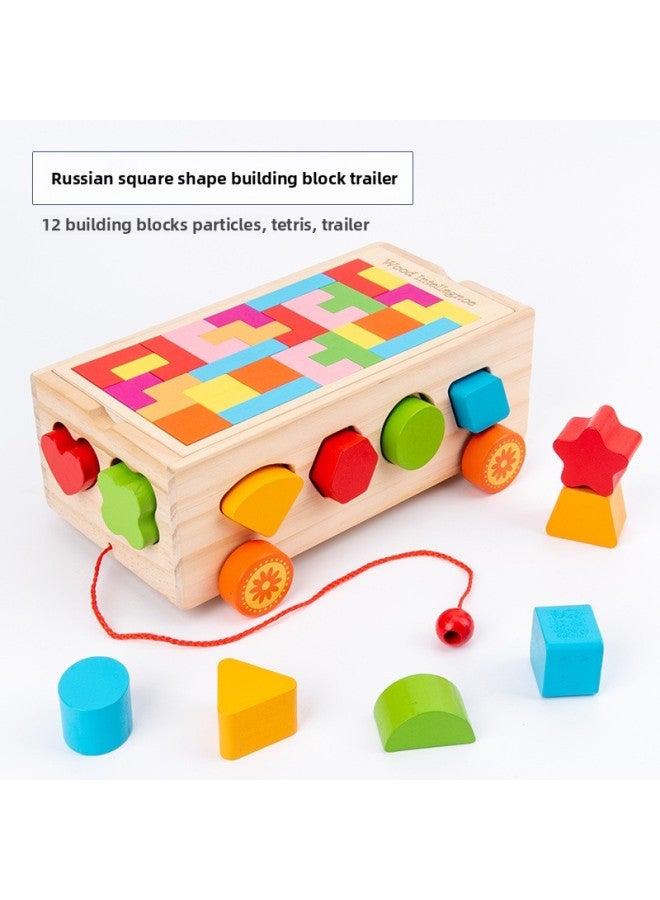 Children's Intelligence Shape Matching Drag Toy Wooden Early Education Building Blocks Montessori Teaching Aids Digital Knocking Car 6--Color:Russian Shape Building Block Trailer - Image 1