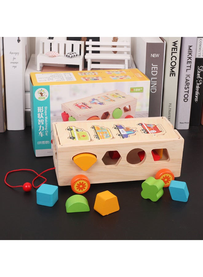 Children's Intelligence Shape Matching Drag Toy Wooden Early Education Building Blocks Montessori Teaching Aids Digital Knocking Car 6--Color:Russian Shape Building Block Trailer - Image 4