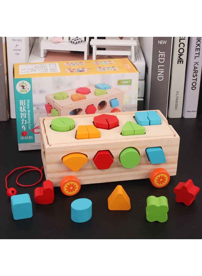 Children's Intelligence Shape Matching Drag Toy Wooden Early Education Building Blocks Montessori Teaching Aids Digital Knocking Car 6--Color:Russian Shape Building Block Trailer - Image 3