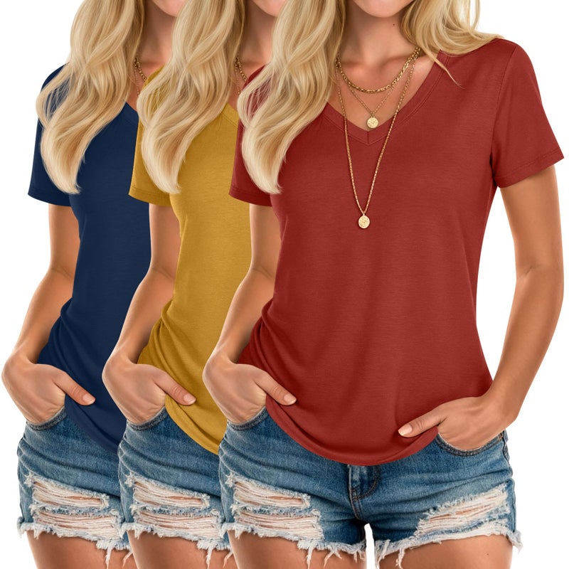Riyiper 3 Pack Women's V Neck T-Shirts Short Sleeve Loose Fit Tops Casual Basic Trendy Straight Hem Plain Tees(Medium,Orange Red, Yellow, Dark Blue) - Image 1
