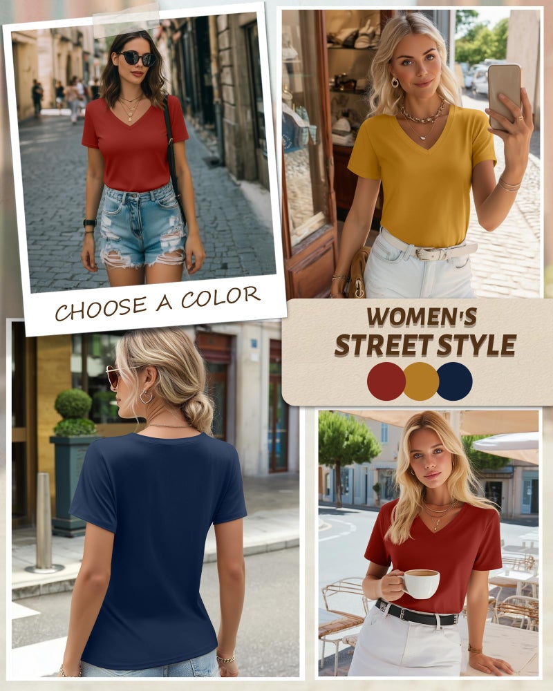 Riyiper 3 Pack Women's V Neck T-Shirts Short Sleeve Loose Fit Tops Casual Basic Trendy Straight Hem Plain Tees(Medium,Orange Red, Yellow, Dark Blue) - Image 2