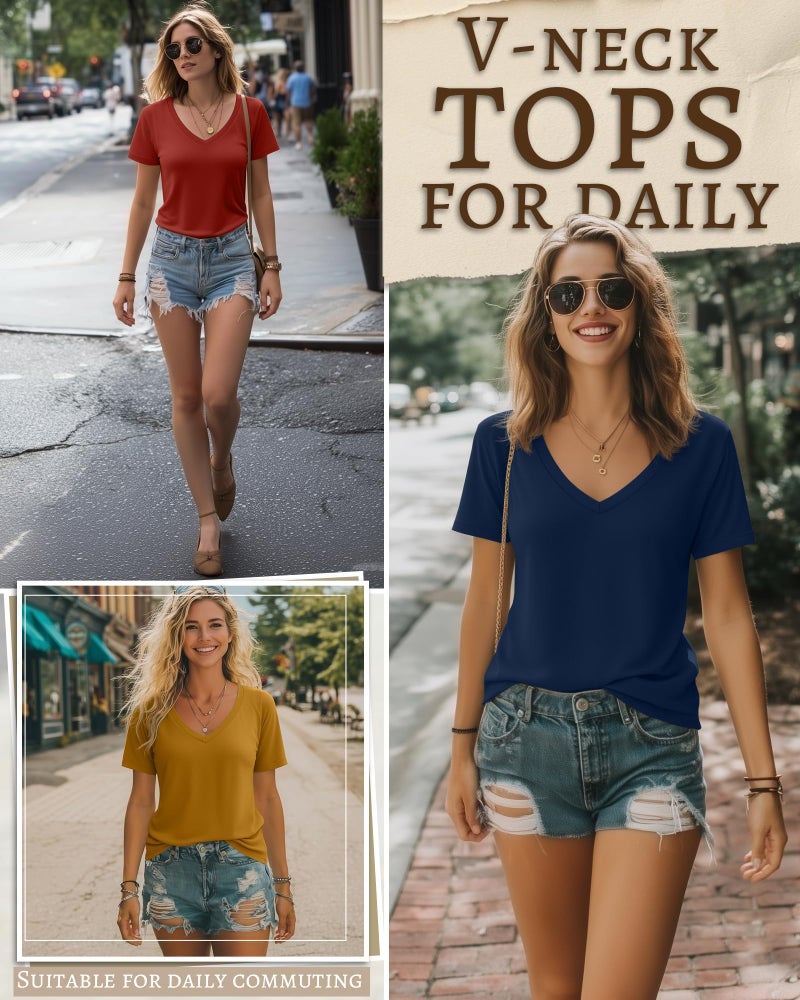 Riyiper 3 Pack Women's V Neck T-Shirts Short Sleeve Loose Fit Tops Casual Basic Trendy Straight Hem Plain Tees(Medium,Orange Red, Yellow, Dark Blue) - Image 3