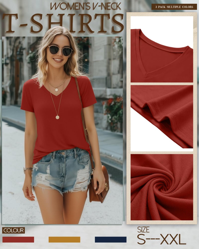 Riyiper 3 Pack Women's V Neck T-Shirts Short Sleeve Loose Fit Tops Casual Basic Trendy Straight Hem Plain Tees(Medium,Orange Red, Yellow, Dark Blue) - Image 4